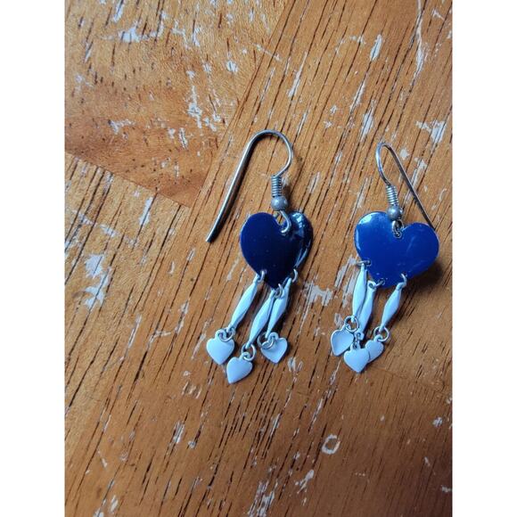 Vintage Metal Blue White Heart Drop Earrings - Picture 3 of 4